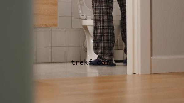 Man<i></i>'s legs in pajamas while he uses a toilet