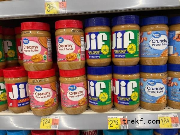 display of Great Value and Jif peanut butter at Walmart